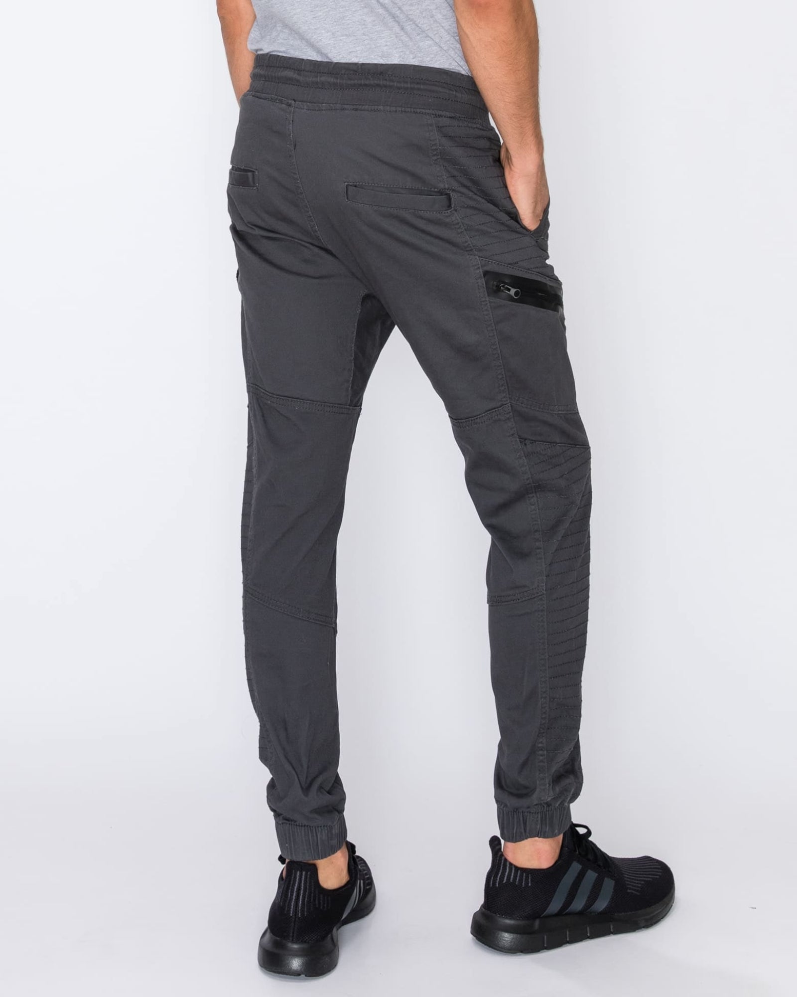 Mens drawstring leftout moto joggers in Charcoal back pockets 