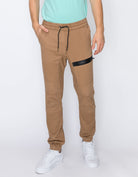 Mens drawstring leftout moto joggers in Dull Gold