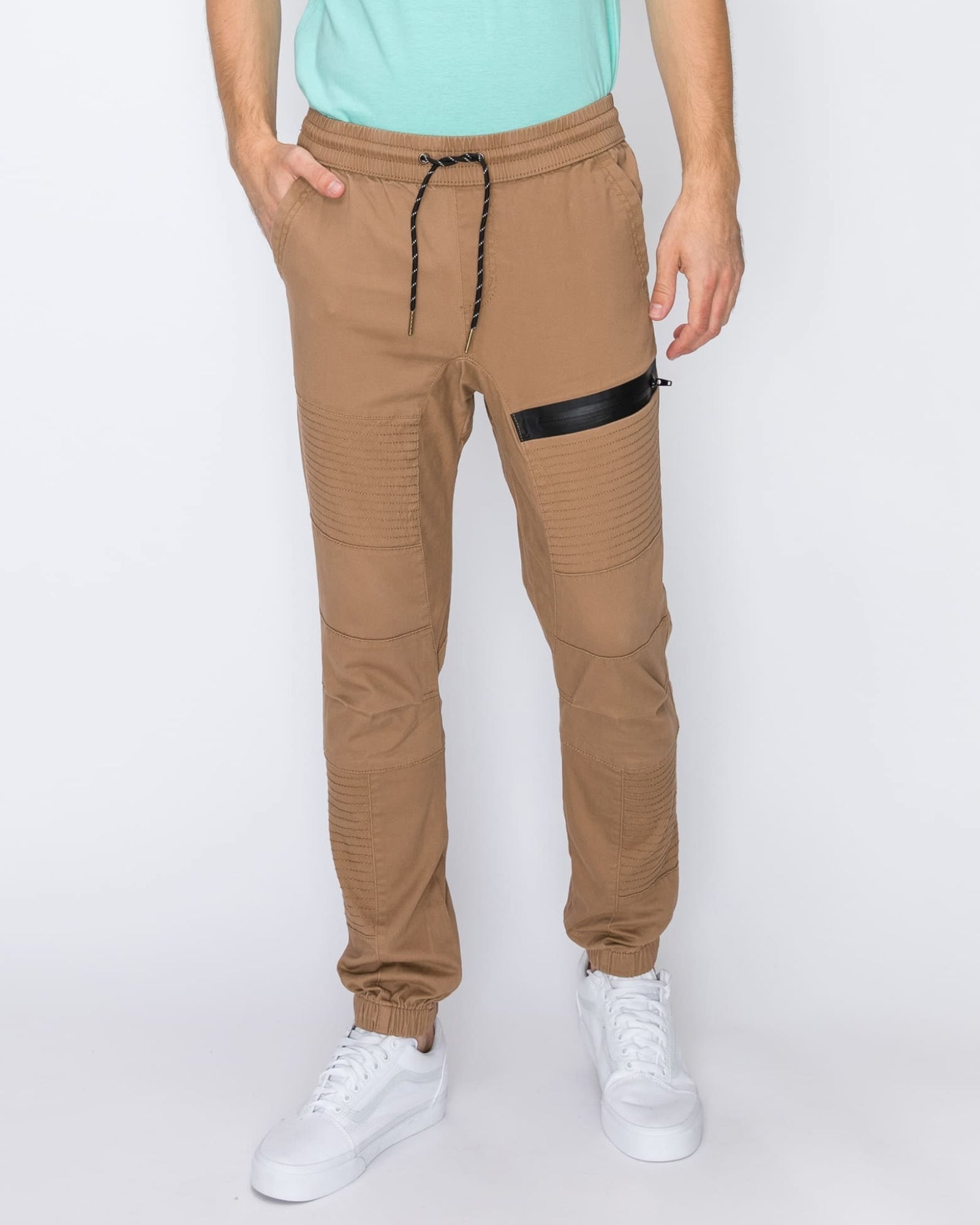 Mens drawstring leftout moto joggers in Dull Gold