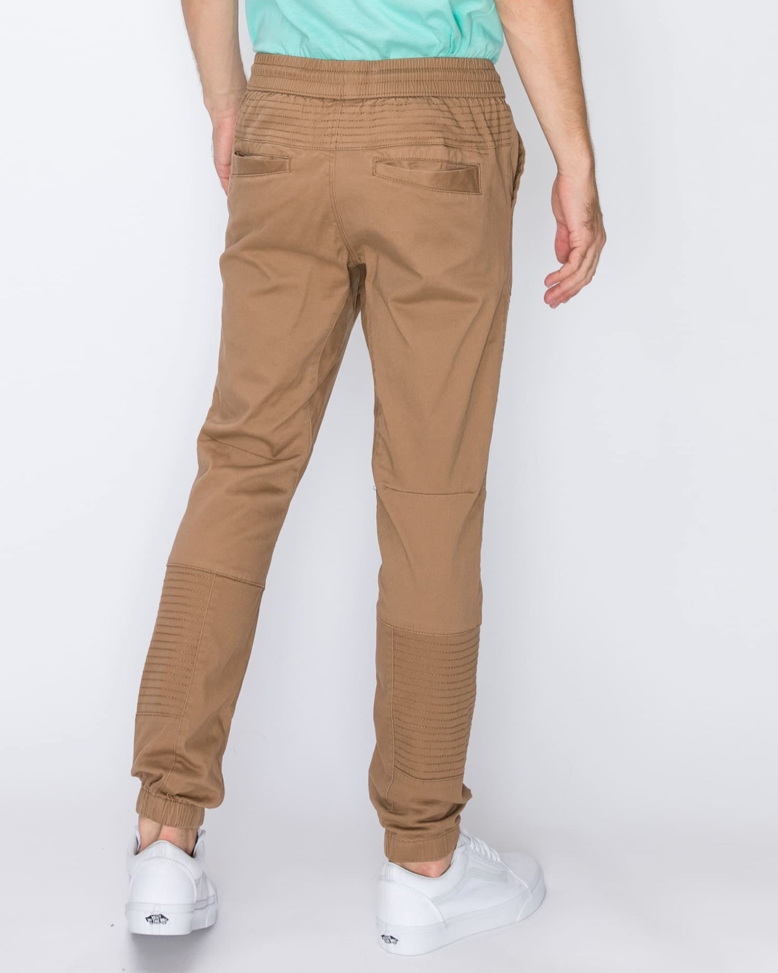 Mens drawstring leftout moto joggers in Dull Gold back pockets 