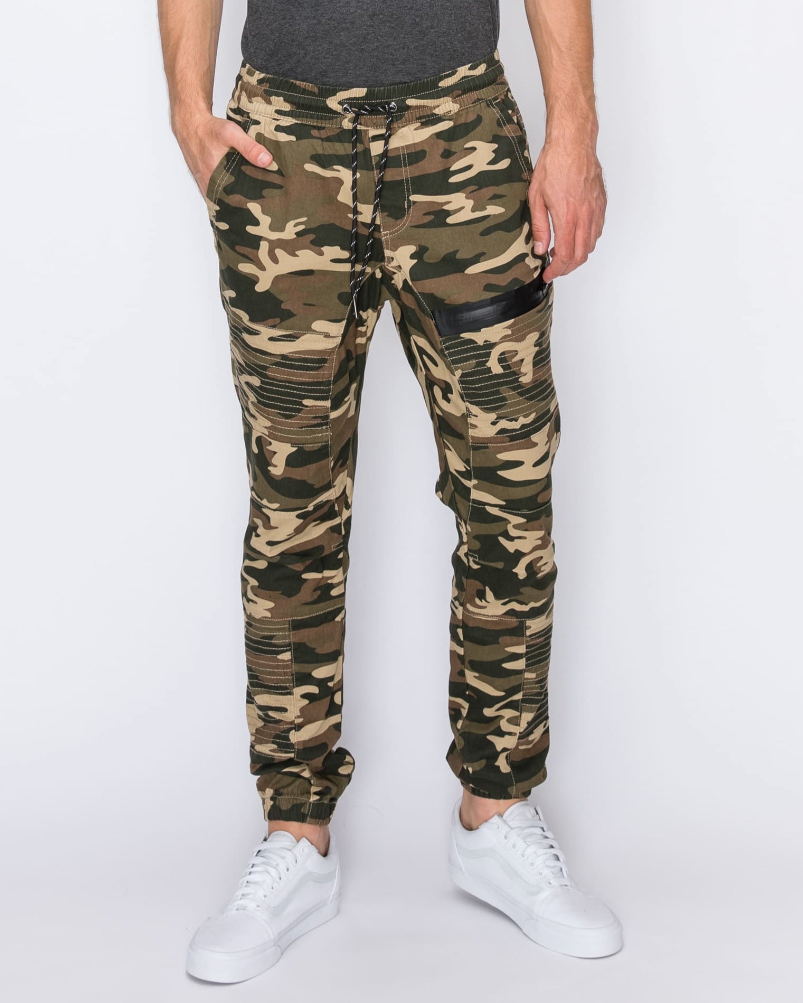 Mens drawstring leftout moto joggers in Green Camo