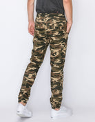 Mens drawstring leftout moto joggers in Green Camo back pockets 