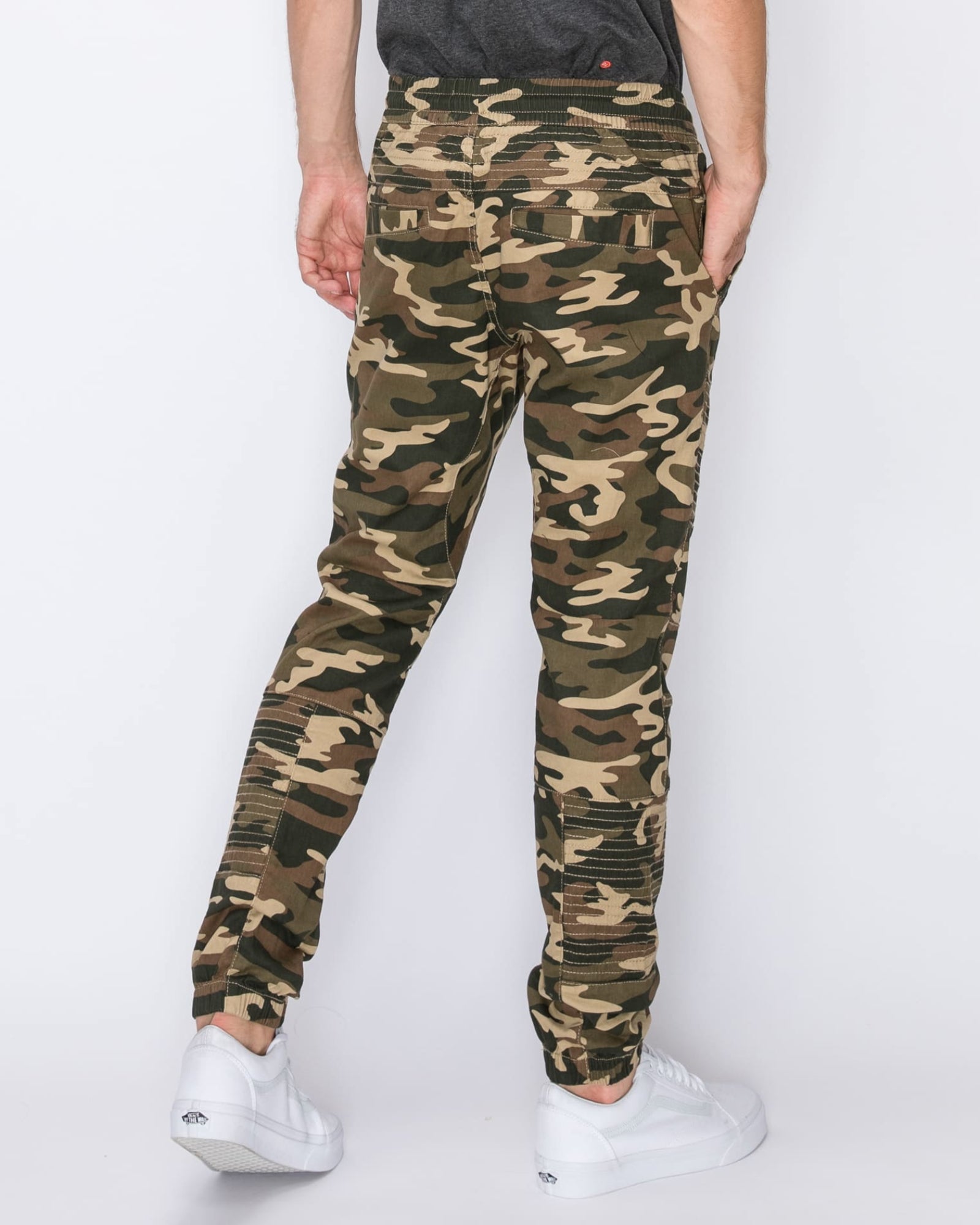 Mens drawstring leftout moto joggers in Green Camo back pockets 