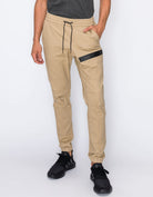 Mens drawstring leftout moto joggers in Khaki