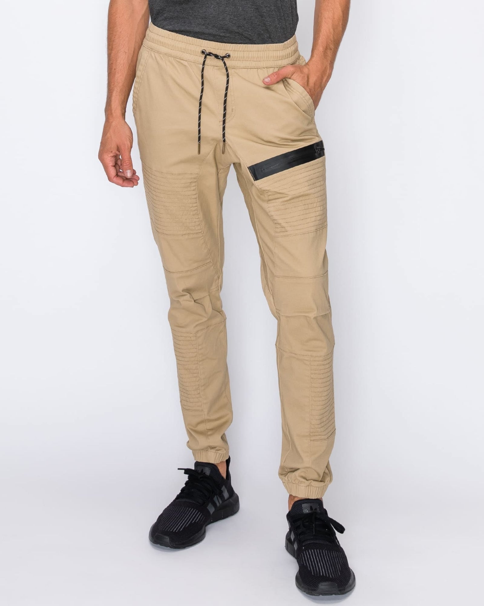 Mens drawstring leftout moto joggers in Khaki
