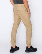 Mens drawstring leftout moto joggers in Khaki back pockets 