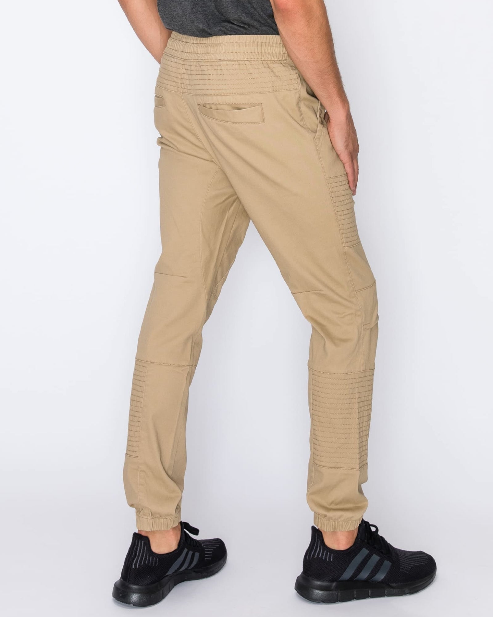 Mens drawstring leftout moto joggers in Khaki back pockets 