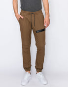 Mens drawstring leftout moto joggers in Light Brown