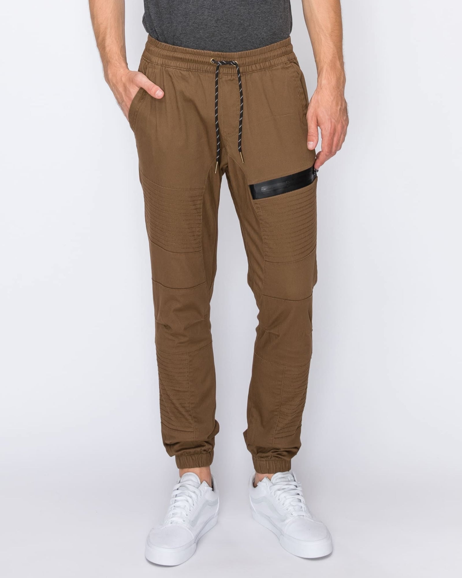 Mens drawstring leftout moto joggers in Light Brown