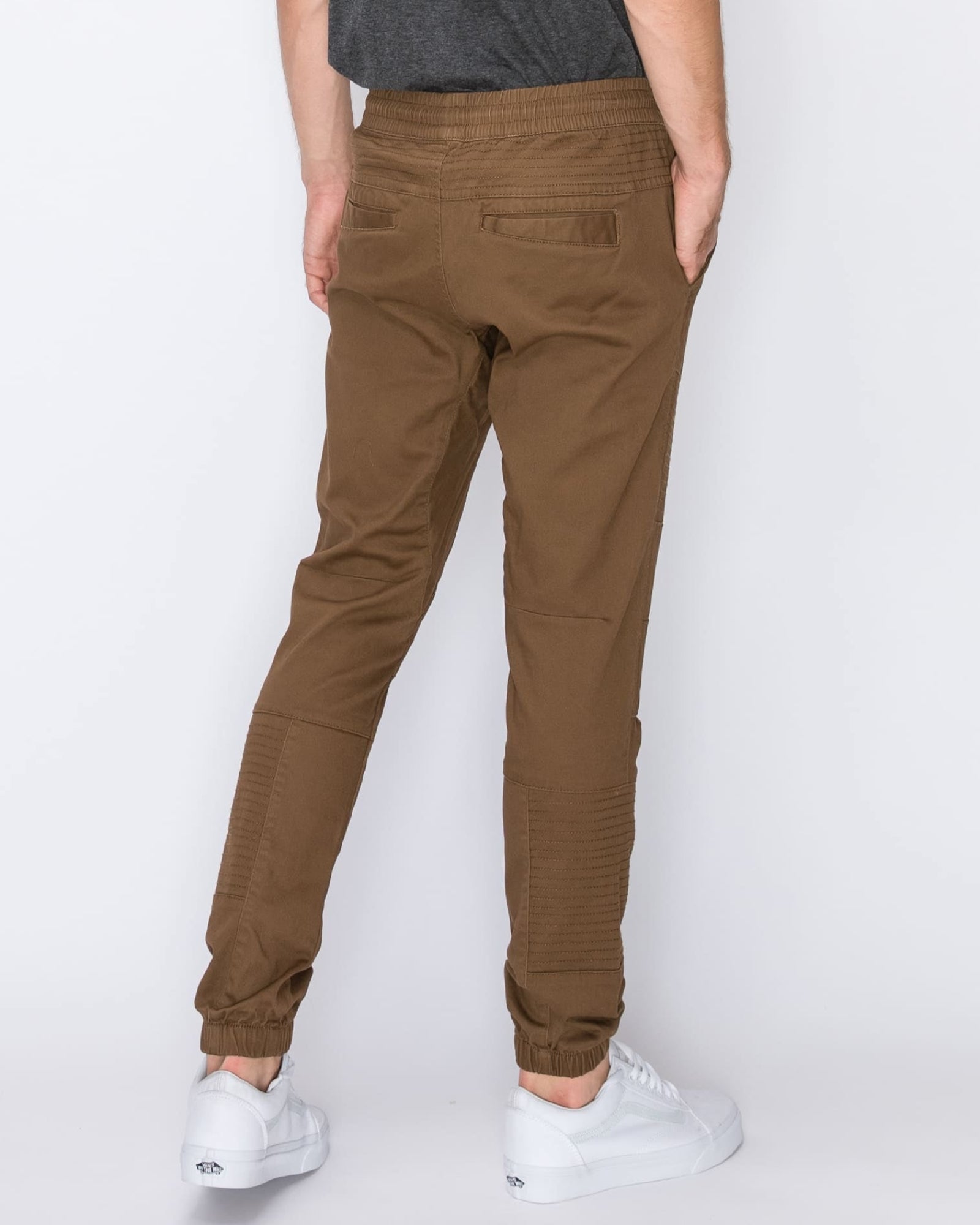 Mens drawstring leftout moto joggers in Light Brown back pockets 