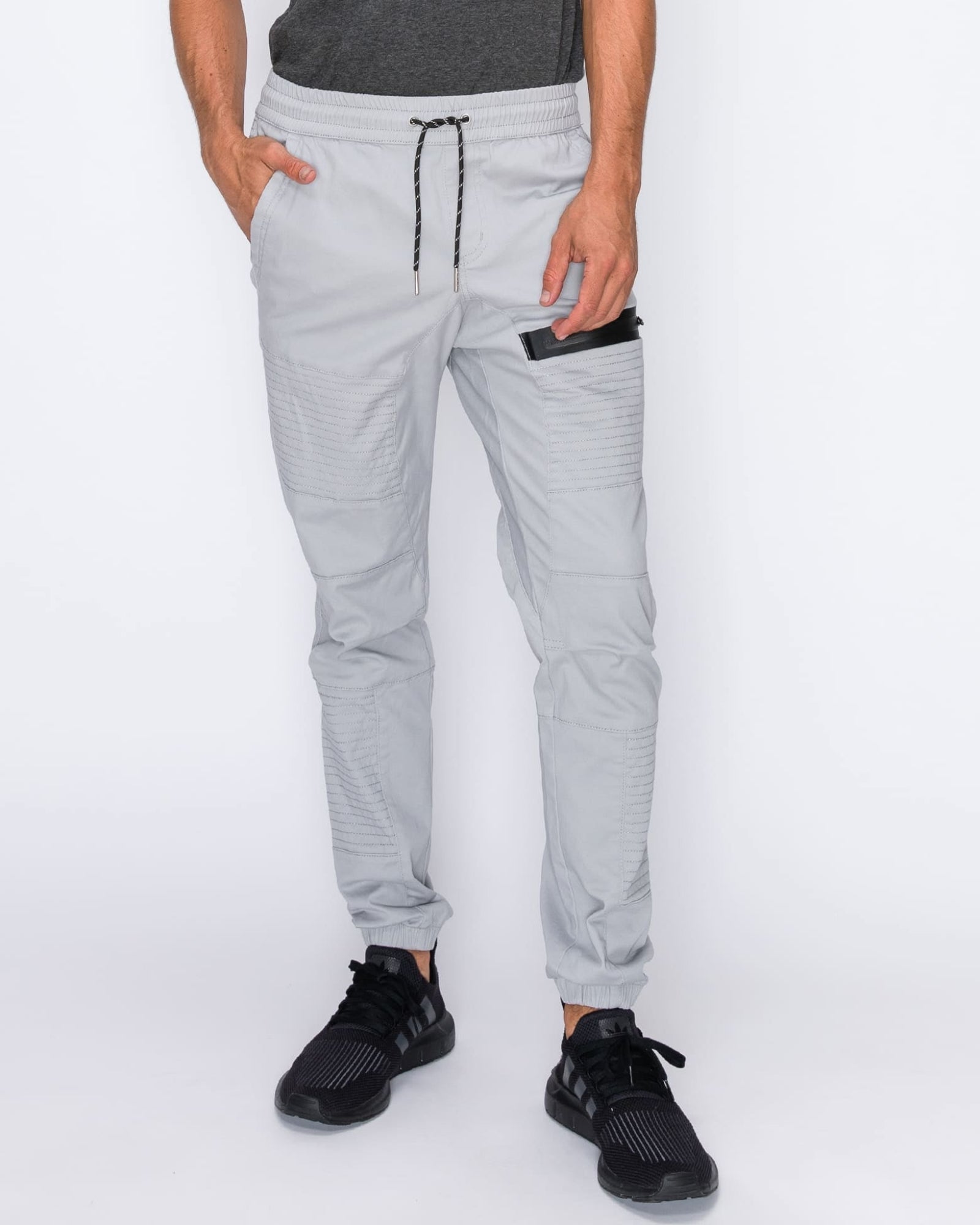 Mens drawstring leftout moto joggers in Light Gray