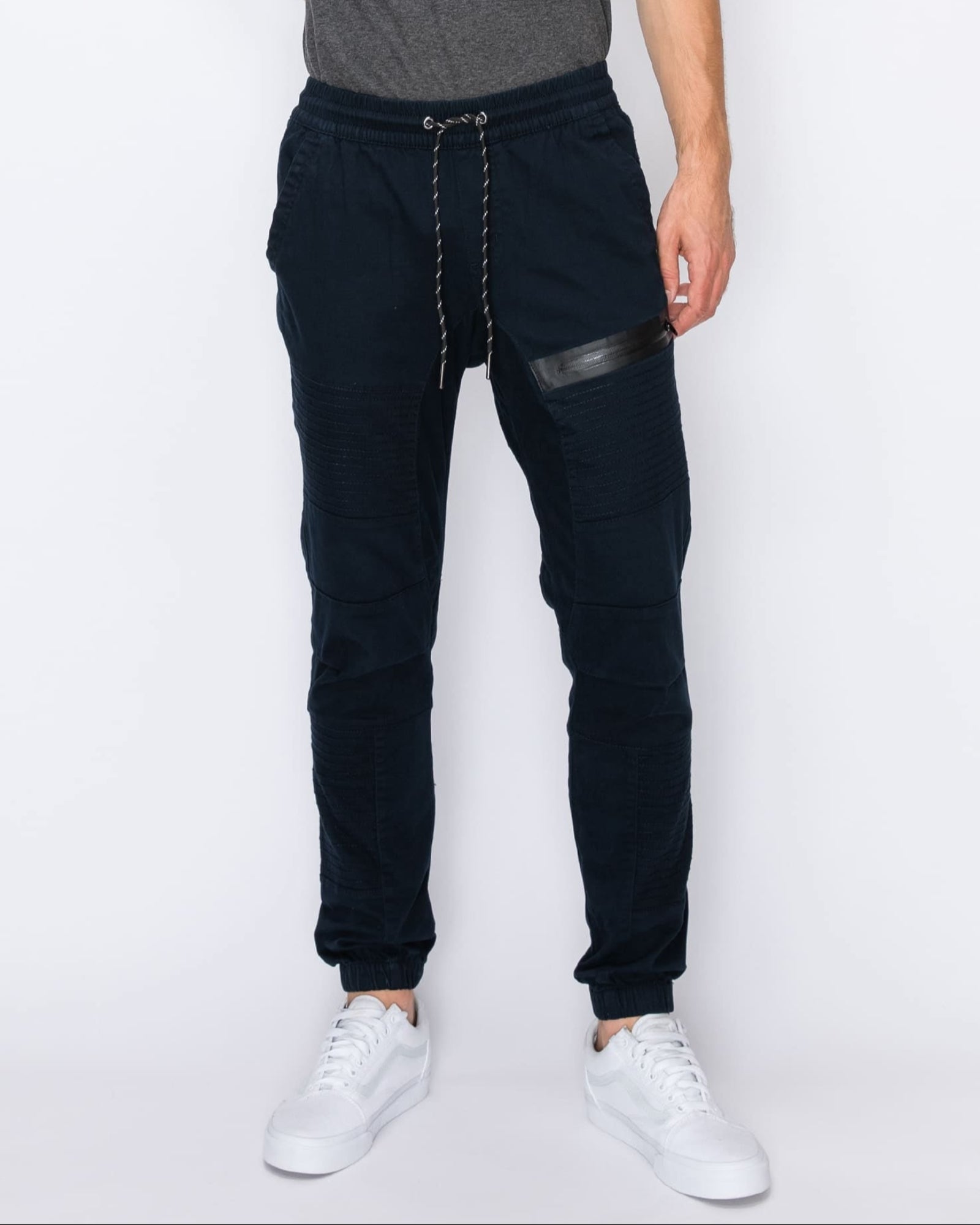 Mens drawstring leftout moto joggers in Navy
