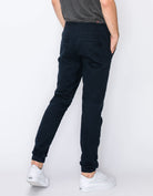 Mens drawstring leftout moto joggers in Navy back pockets 