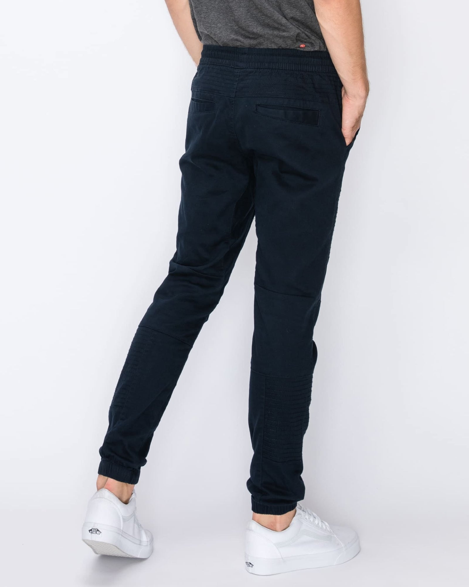Mens drawstring leftout moto joggers in Navy back pockets 