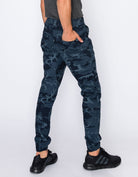 Mens drawstring leftout moto joggers in Navy Camo back pockets 