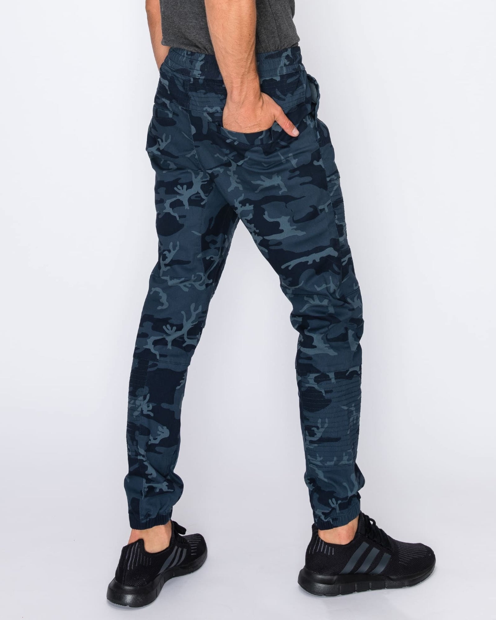 Mens drawstring leftout moto joggers in Navy Camo back pockets 
