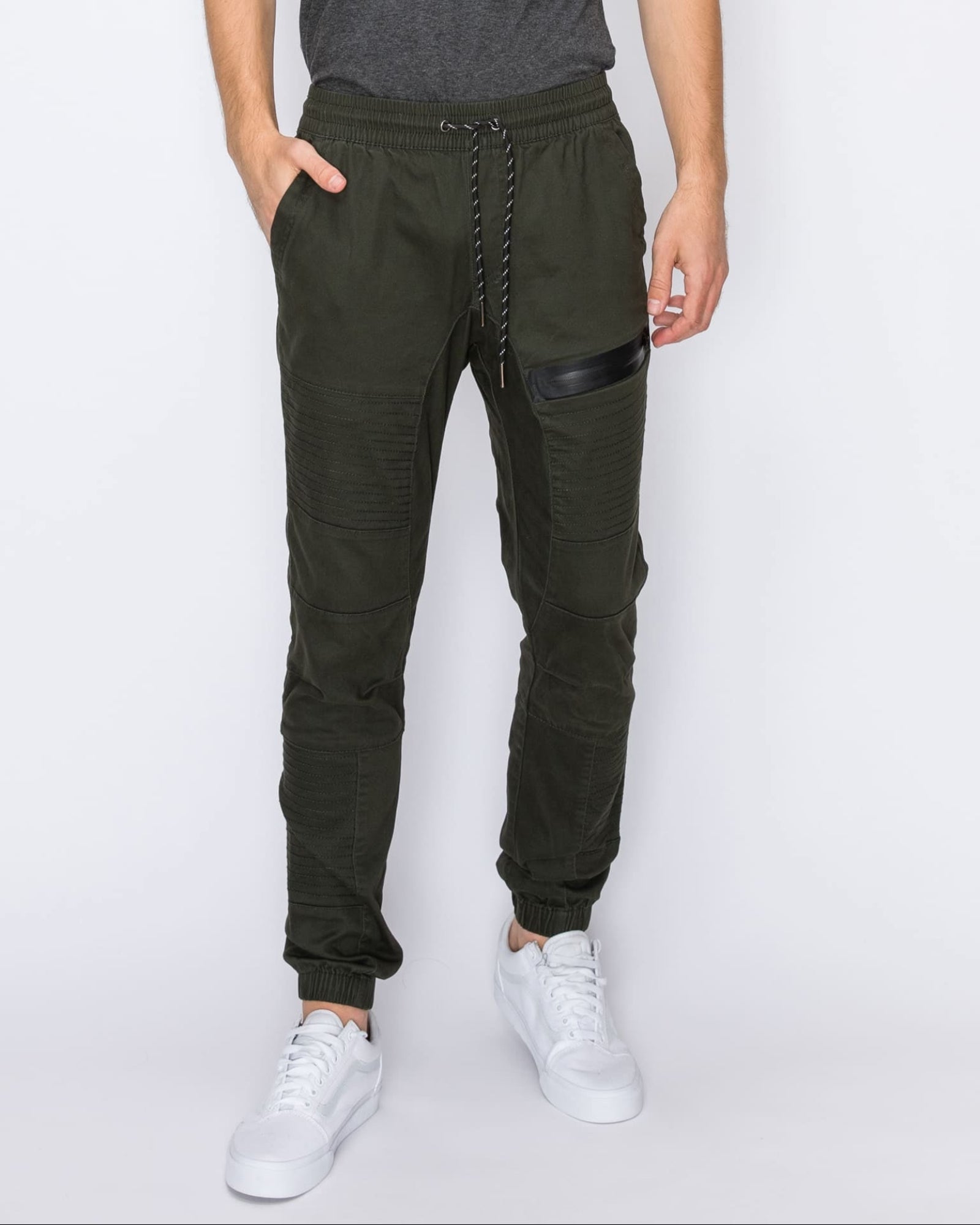 Mens drawstring leftout moto joggers in Olive
