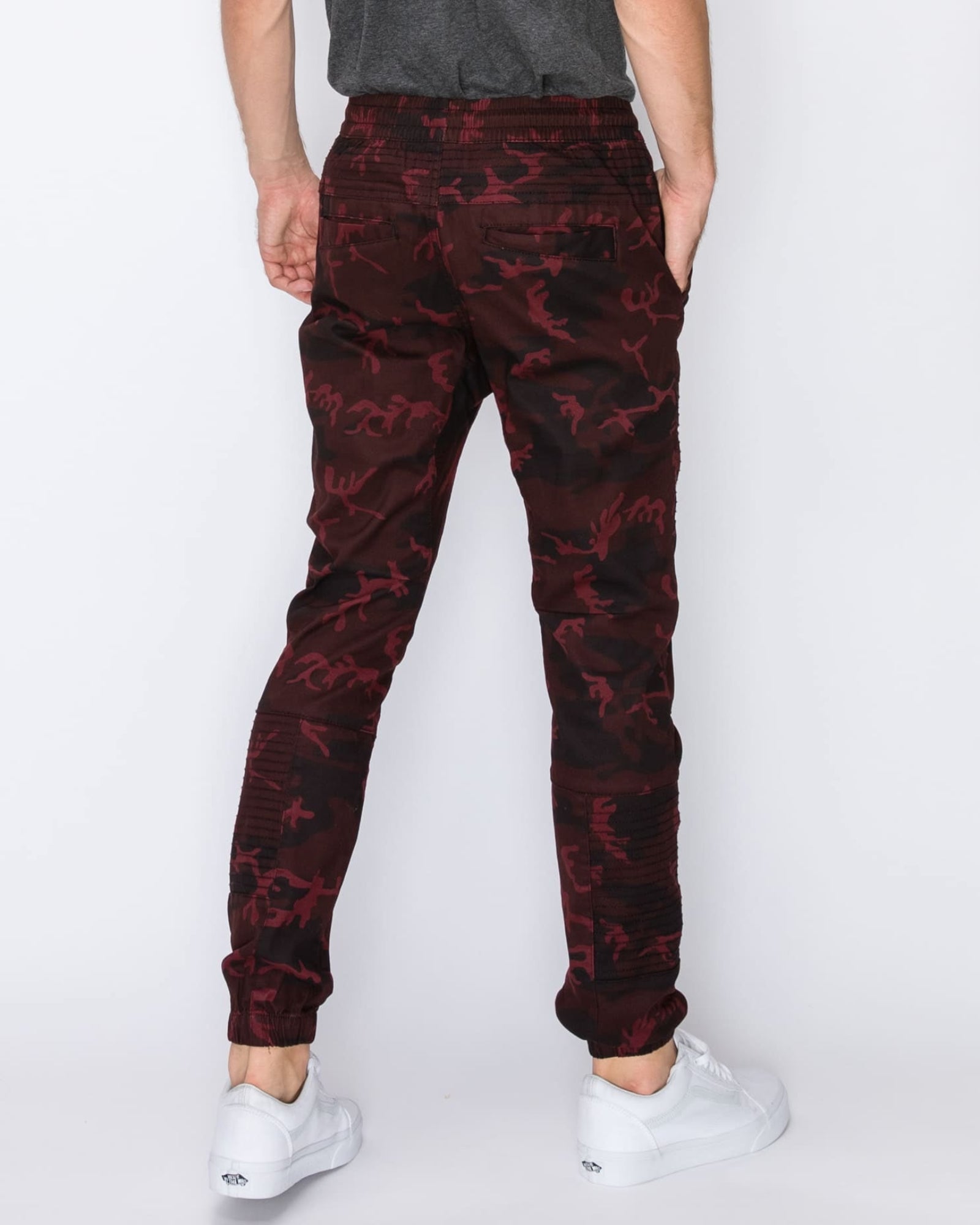 Mens drawstring leftout moto joggers in OxBlood Camo back pockets 