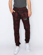 Mens drawstring leftout moto joggers in OxBlood Camo