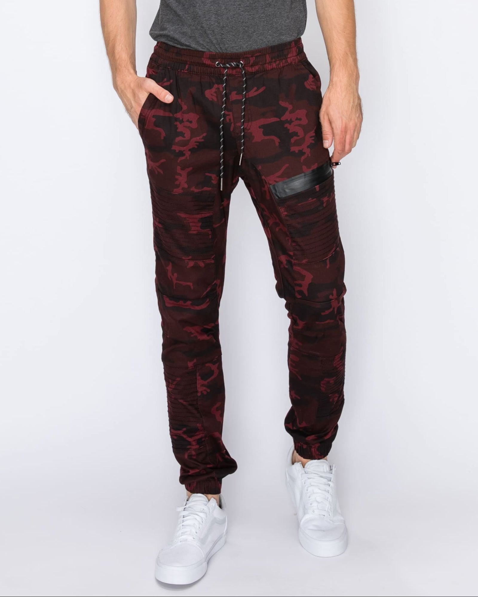 Mens drawstring leftout moto joggers in OxBlood Camo