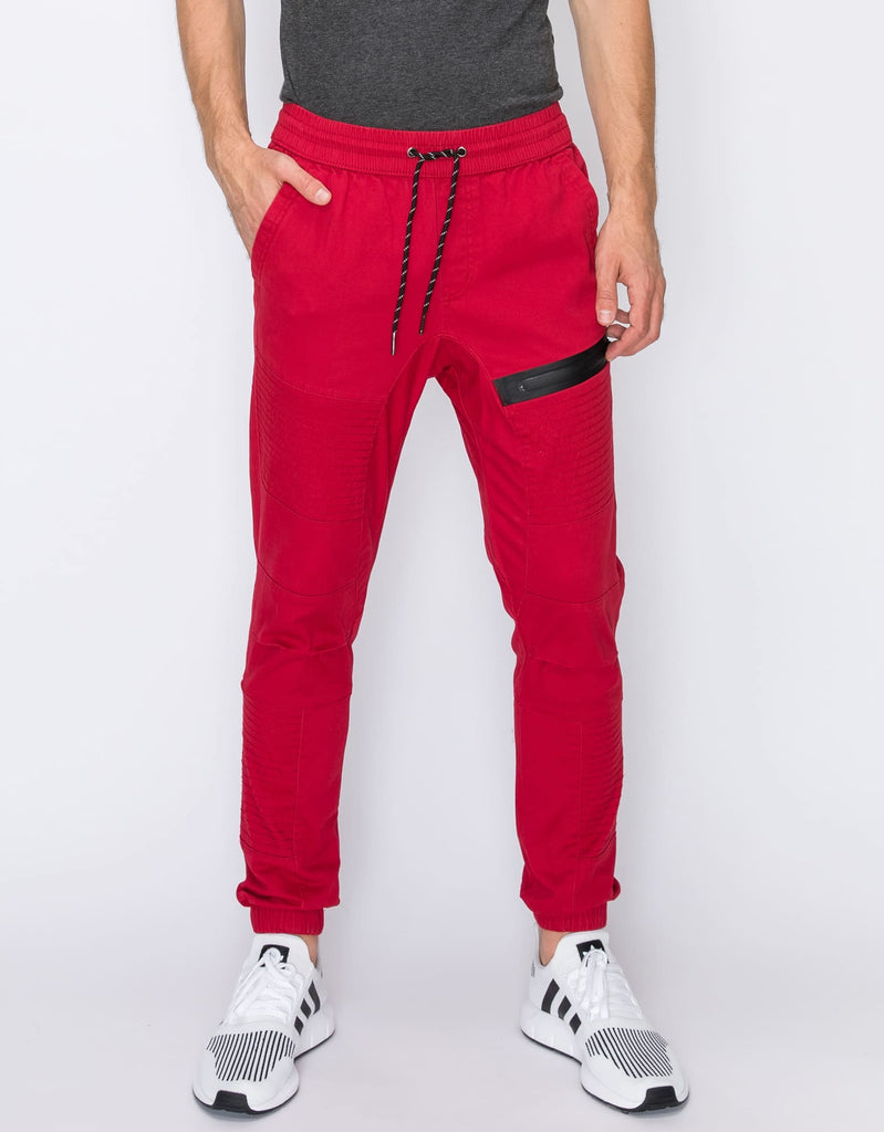 Mens drawstring leftout moto joggers in Red