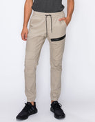 Mens drawstring leftout moto joggers in Tan