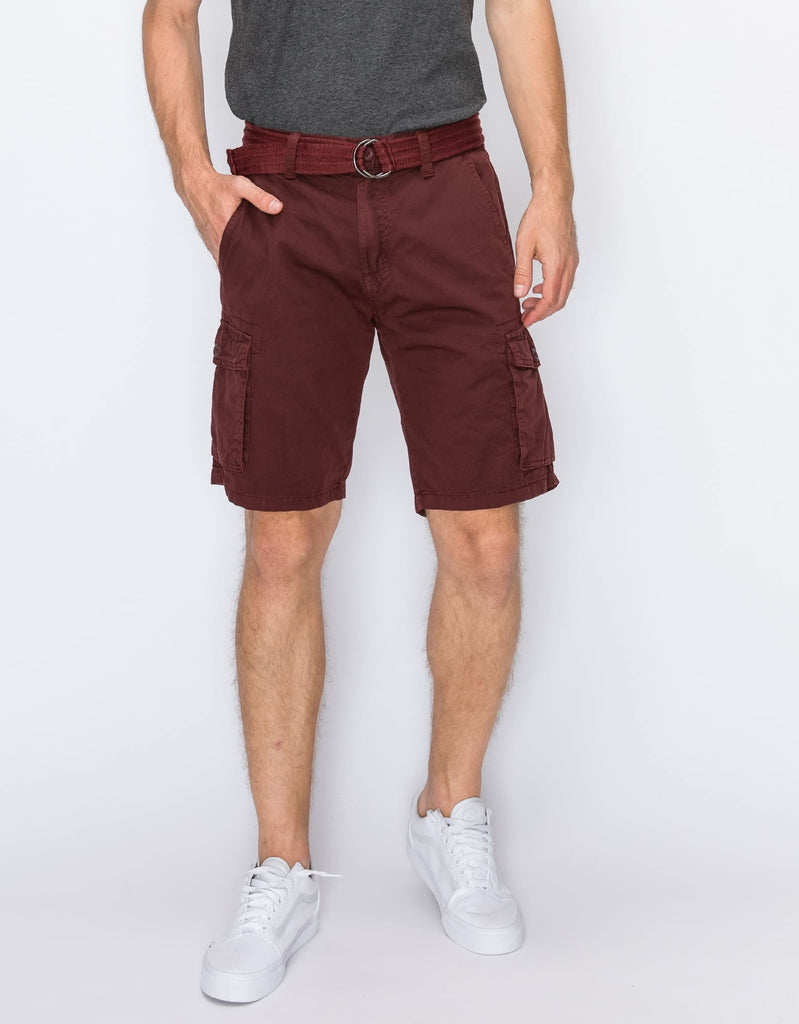 Mens bobby fabric dye belted twill cargo shorts in Burgundy