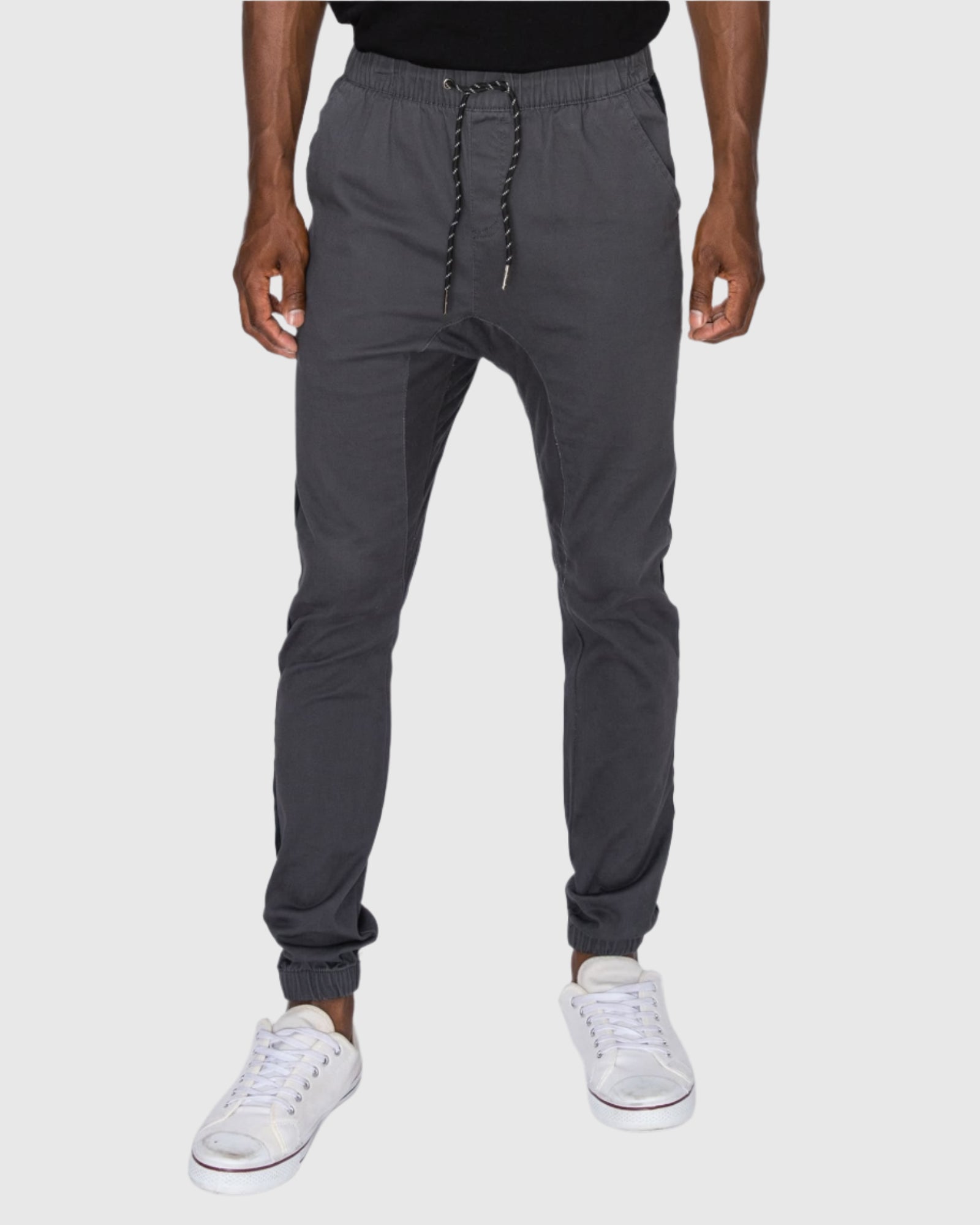 Mens Elan twill joggers in Charcoal elastic waistband with drawstring closure 