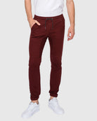 Mens drawstring closure colorblind stripe slang twill joggers in Burgundy