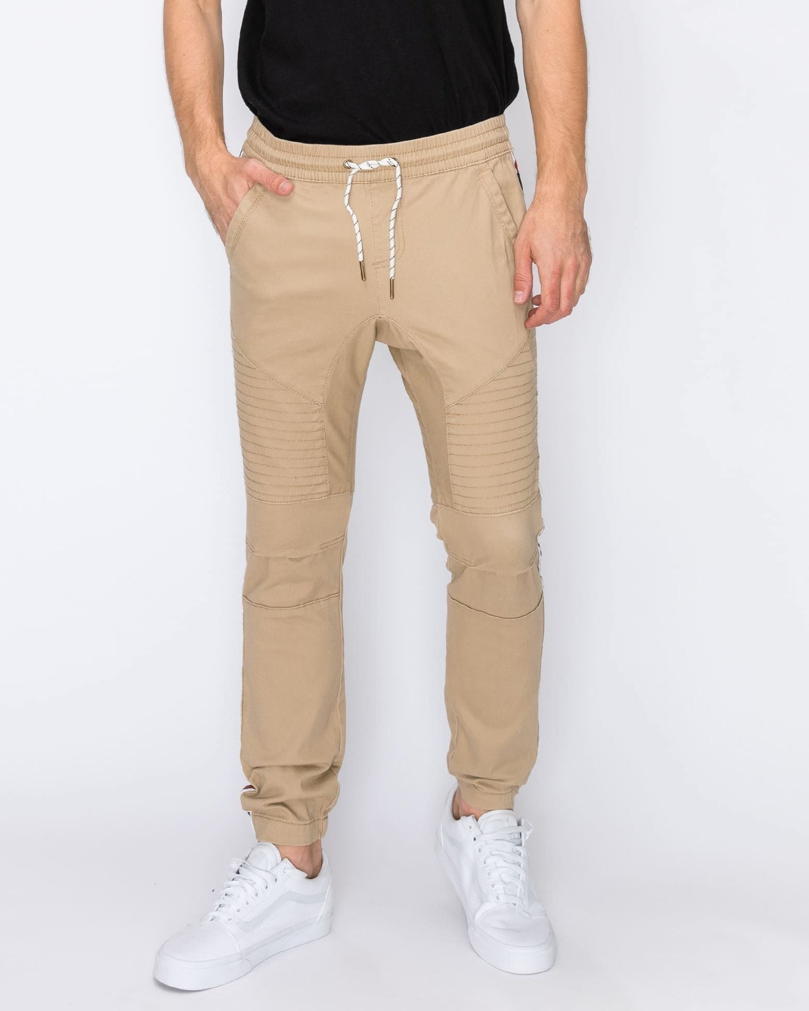 Mens drawstring closure colorblind stripe slang twill joggers in Khaki