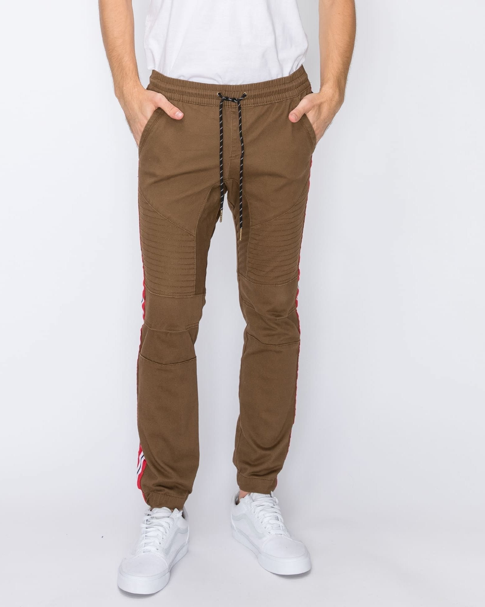 Mens drawstring closure colorblind stripe slang twill joggers in Light Brown