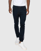 Mens drawstring closure colorblind stripe slang twill joggers in Navy