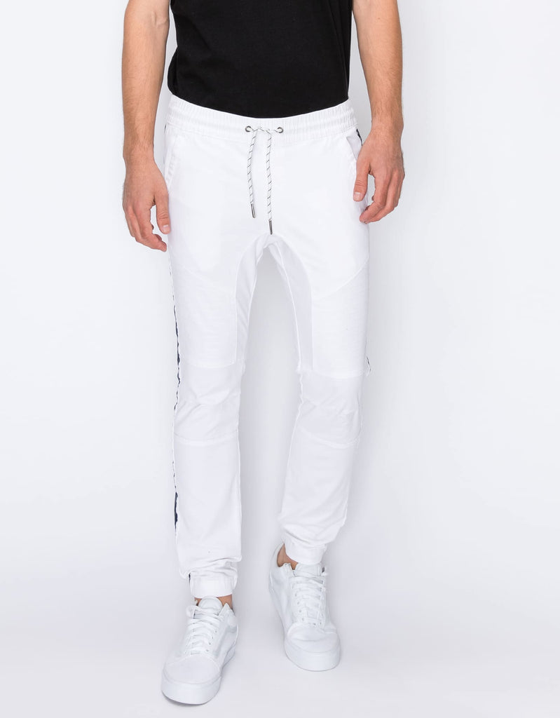 Mens drawstring closure colorblind stripe slang twill joggers in White