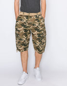 Mens Delano messenger cargo shorts in Green Camo with D-ring belt
