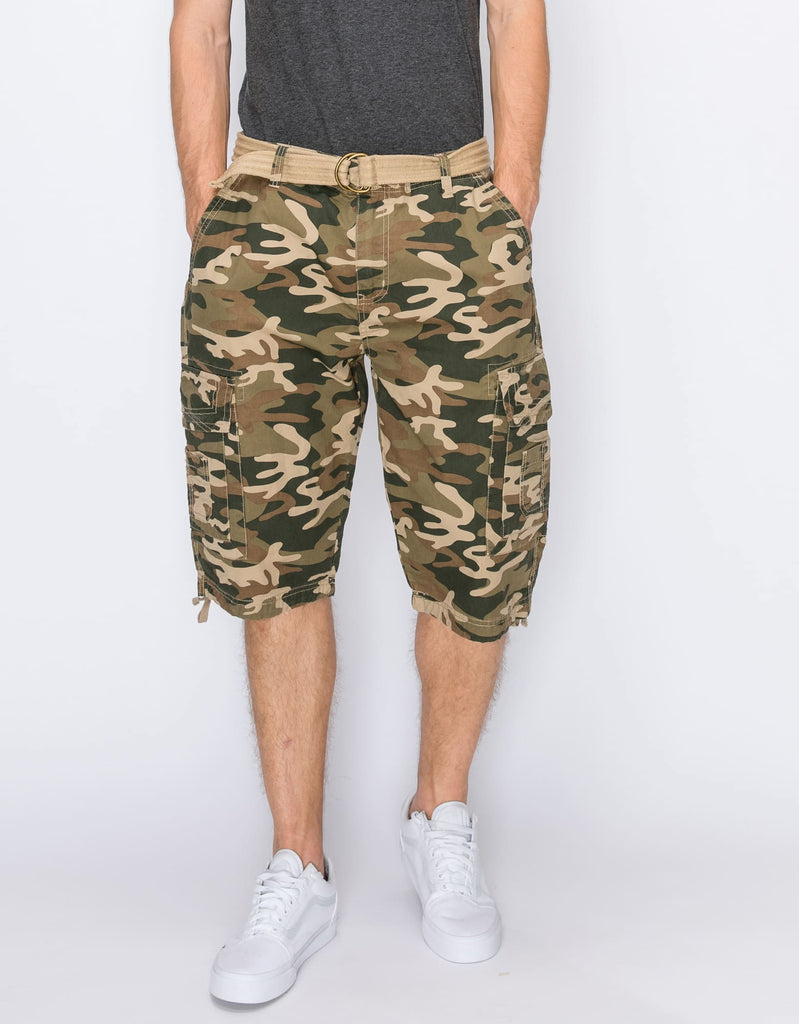 Mens Delano messenger cargo shorts in Green Camo with D-ring belt