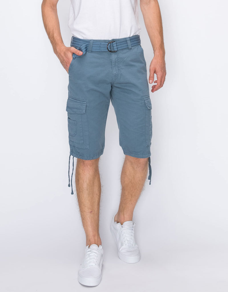 Mens Delano messenger cargo shorts in Sea Blue with D-ring belt