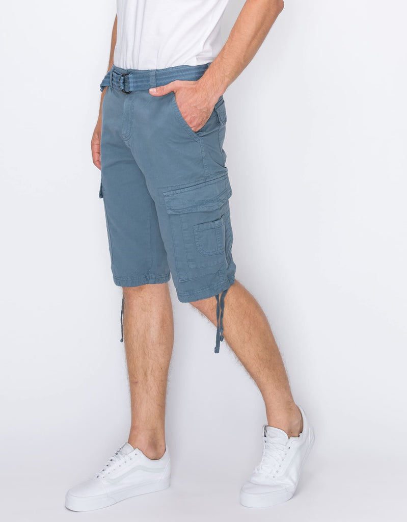 Mens Delano messenger cargo shorts in Sea Blue hand pocket with zipper fly and button closure