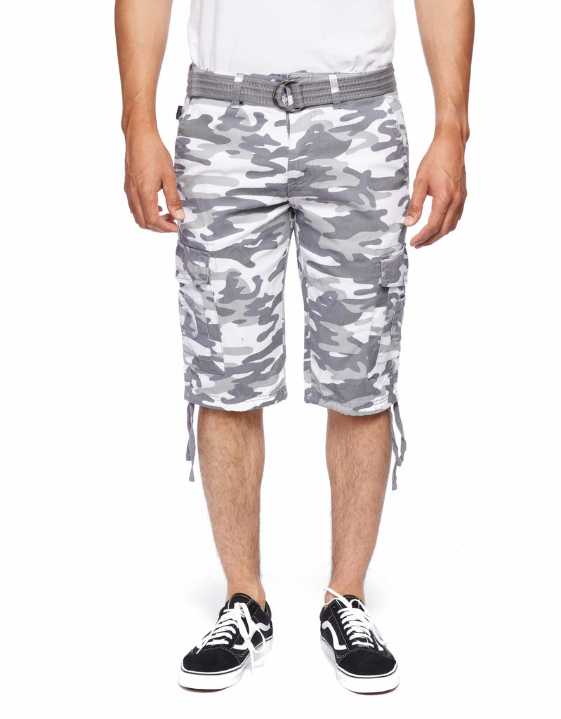 Mens Delano messenger cargo shorts in White Camo with D-ring belt 