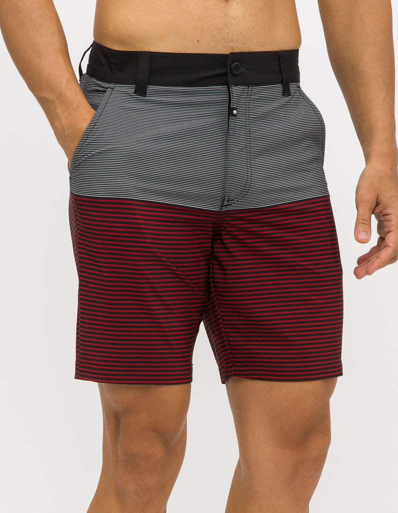 Mens button closure two contrast block stripe hybrid shorts in Crimson Stripe