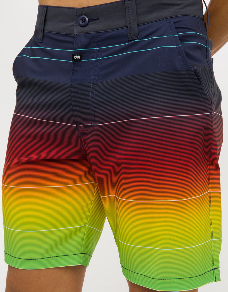 Mens button closure sunset ocean stripe hybrid shorts in Sunset