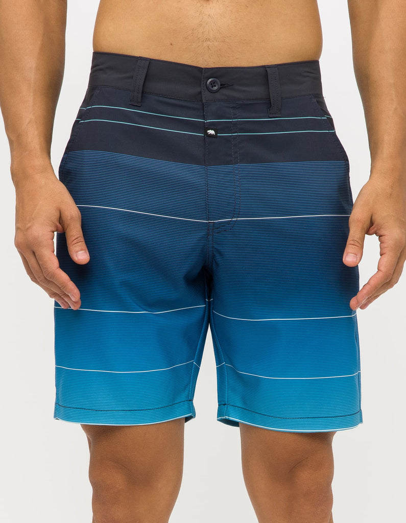 Mens button closure sunset ocean stripe hybrid shorts in Teal