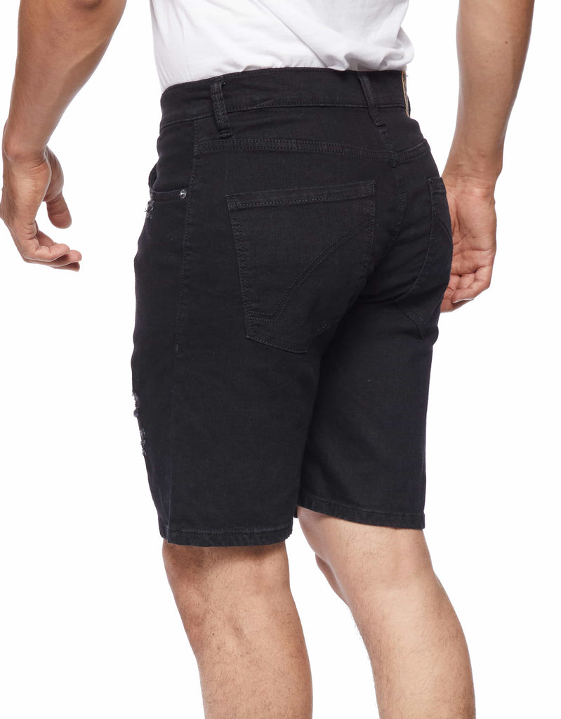 Men 5 pocket styling zipper fly button closure ripper denim shorts in Black Paradise back pockets 