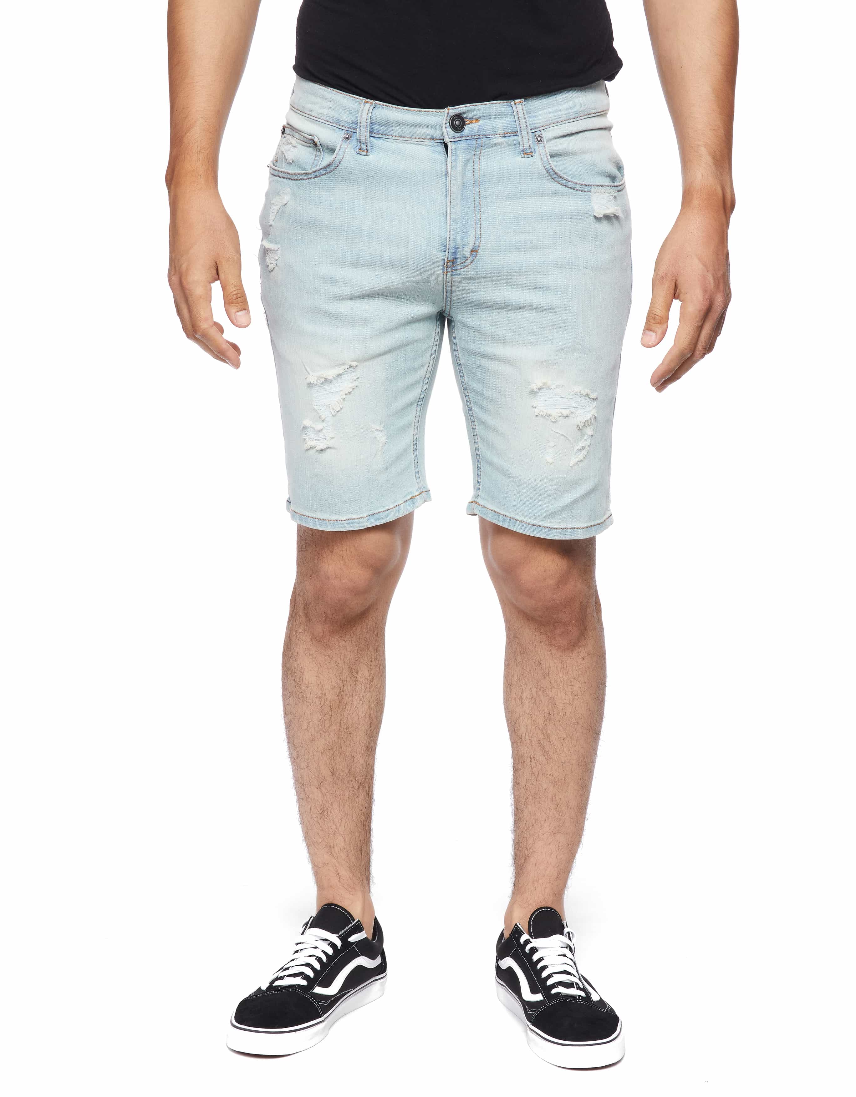 Second Front view of model wearing Ring of Fire’s Men’s Ripper Denim Shorts in Blue Bleached