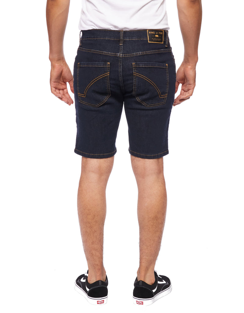 Model showing back side of Rinse color Men’s Ripper Denim Shorts by Ring of Fire