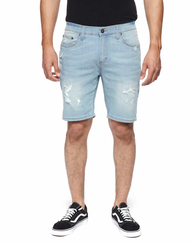 Men 5 pocket styling zipper fly button closure ripper denim shorts in Smoke Blue