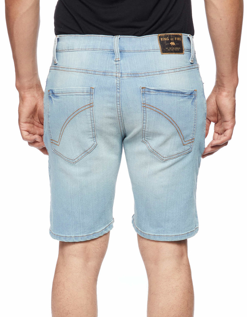 Men 5 pocket styling zipper fly button closure ripper denim shorts in Smoke Blue back shorts 