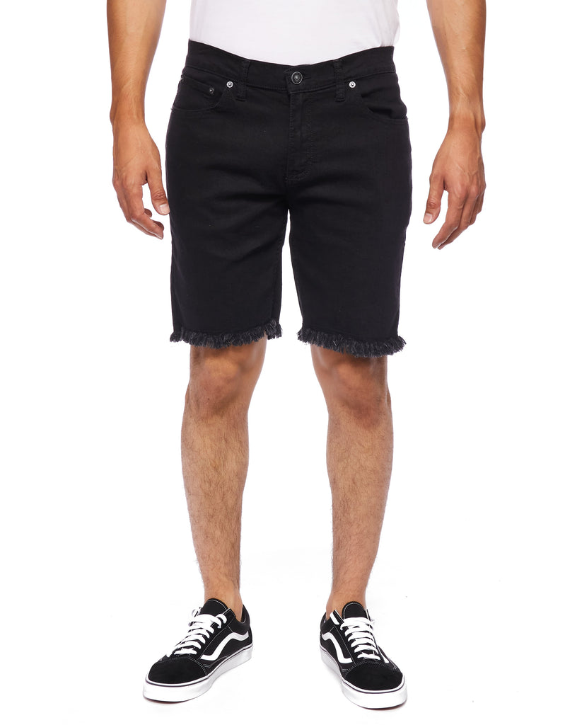 Men button closure raw edge slick denim shorts in Black Paradise