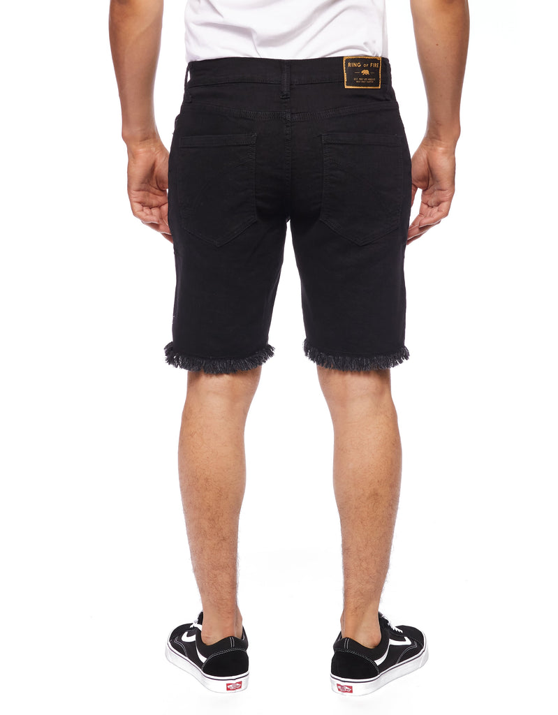 Men button closure raw edge slick denim shorts in Black Paradise back pockets 
