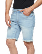 Men button closure raw edge slick denim shorts in Smoke Blue