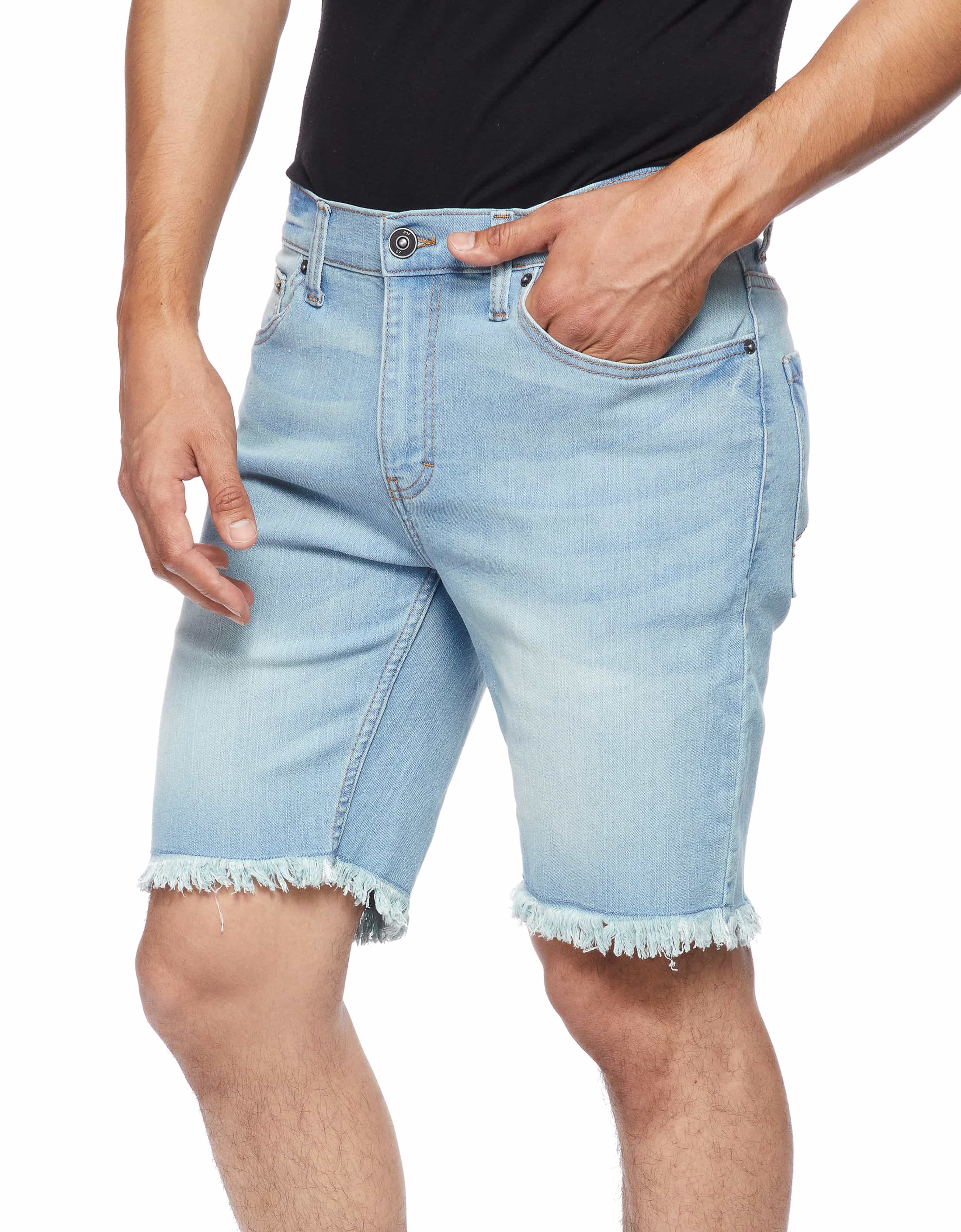Men button closure raw edge slick denim shorts in Smoke Blue